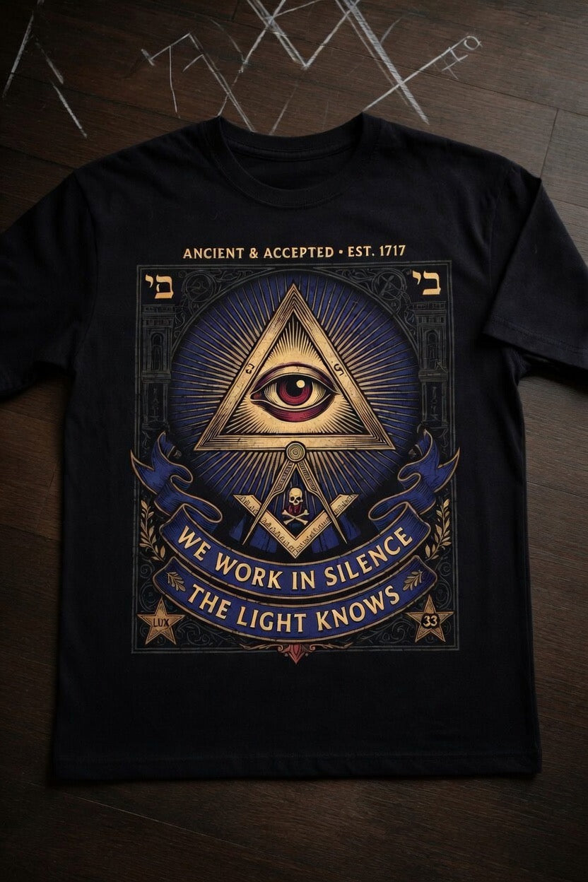 Masonic T-Shirt “We Work in Silence, The Light Knows” - All-Seeing Eye Skull & Compass Design, Ancient & Accepted Freemasonry Apparel