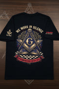 We Work in Silence Freemason T-Shirt - Ancient & Accepted Masonic Square & Compass with All-Seeing Eye & Bible - EST 1717 Graphic Tee
