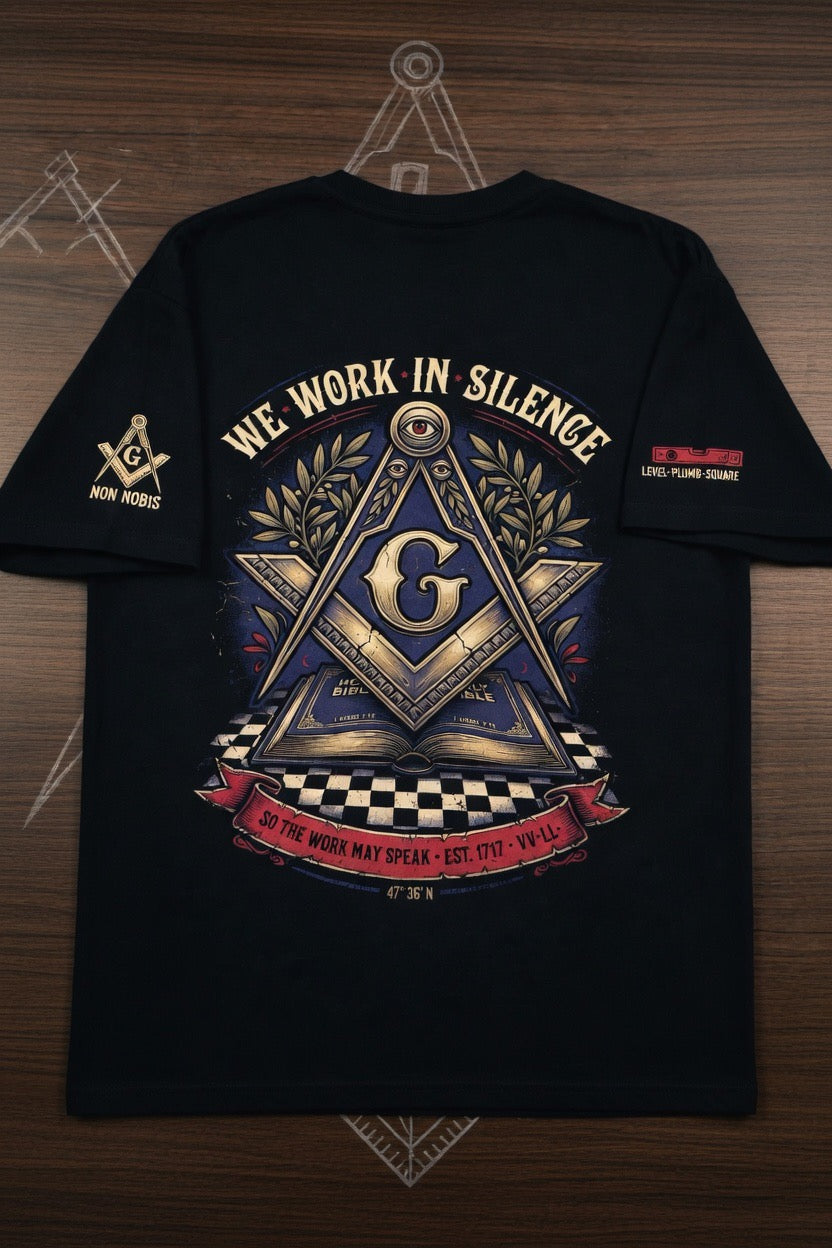 We Work in Silence Freemason T-Shirt - Ancient & Accepted Masonic Square & Compass with All-Seeing Eye & Bible - EST 1717 Graphic Tee