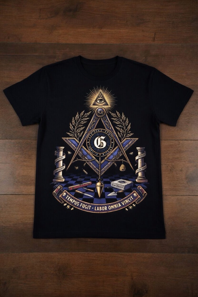 Masonic Lodge T-Shirt - Tempus Fugit Labor Omnia Vincit | All-Seeing Eye & Square and Compass Graphic Tee