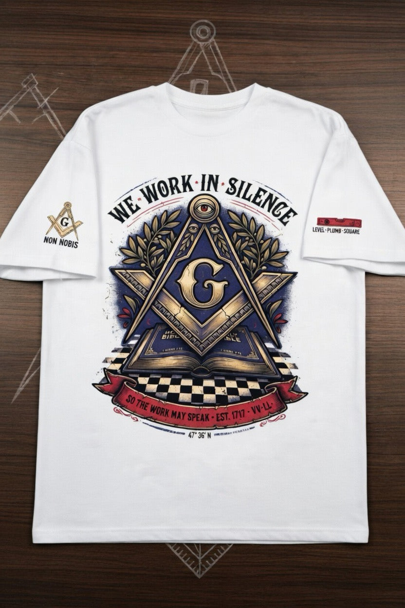 We Work in Silence Freemason T-Shirt - Ancient & Accepted Masonic Square & Compass with All-Seeing Eye & Bible - EST 1717 Graphic Tee