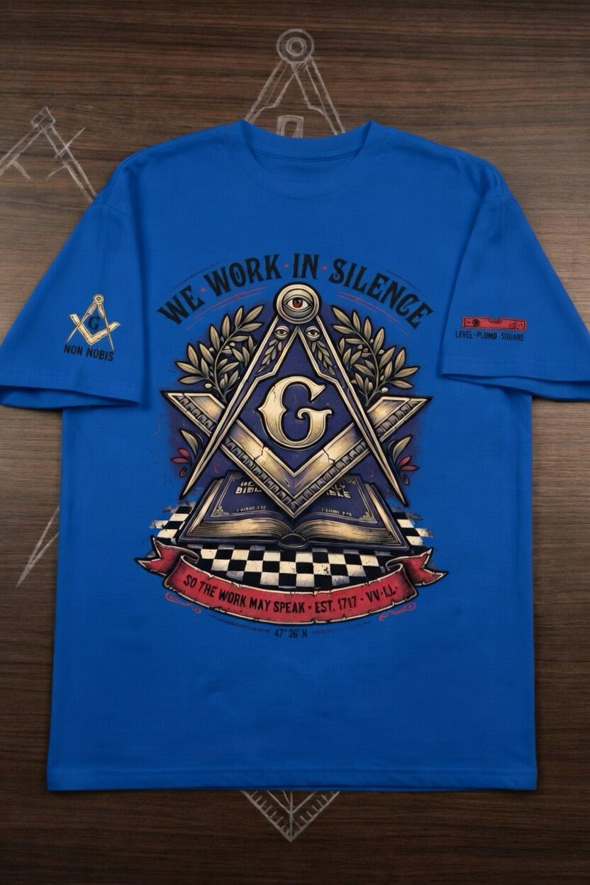 We Work in Silence Freemason T-Shirt - Ancient & Accepted Masonic Square & Compass with All-Seeing Eye & Bible - EST 1717 Graphic Tee