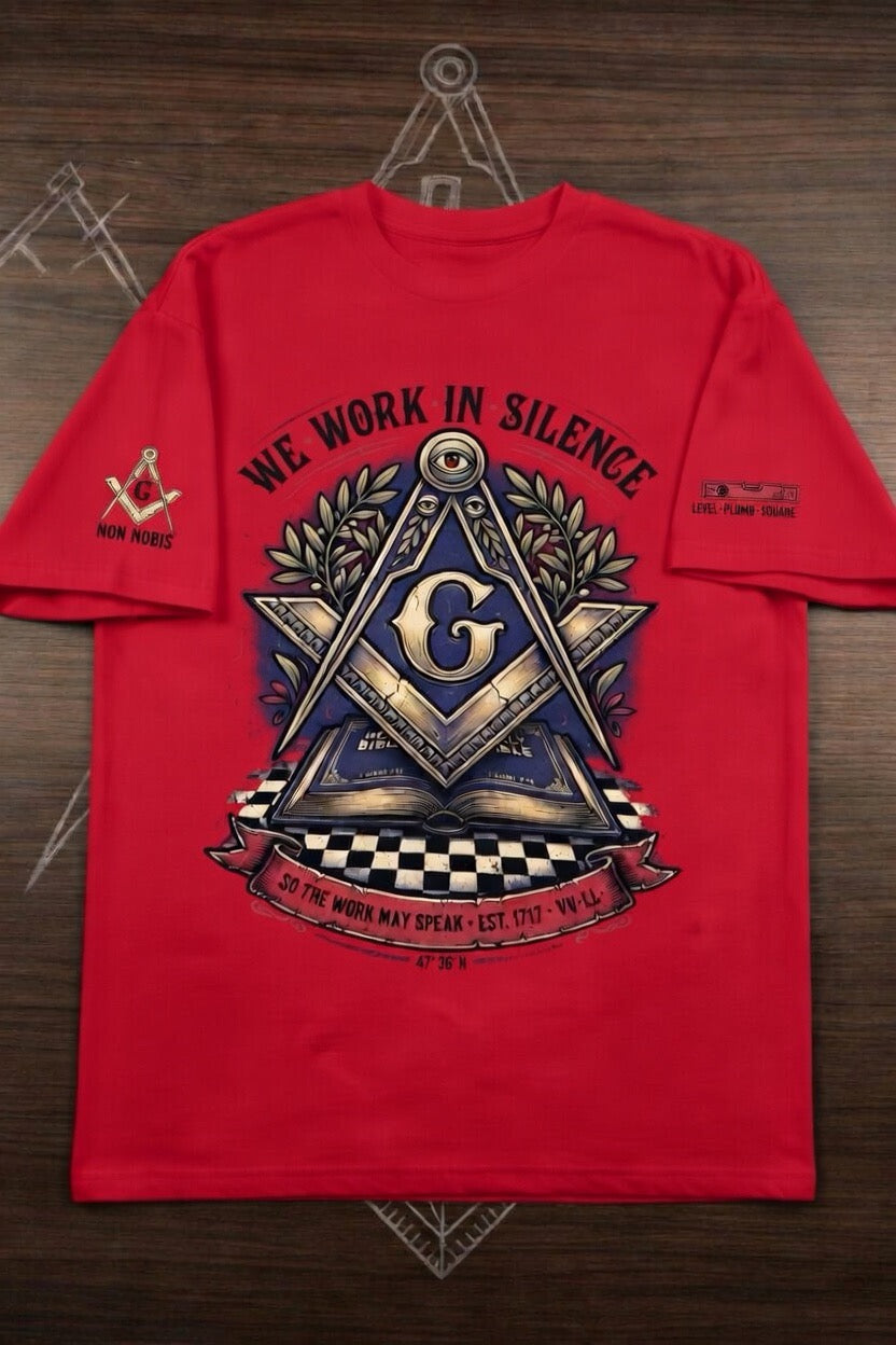 We Work in Silence Freemason T-Shirt - Ancient & Accepted Masonic Square & Compass with All-Seeing Eye & Bible - EST 1717 Graphic Tee